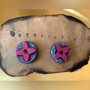 Pink and Blue Vintage Button Earrings Upcycled Louis Vuitton LV floral